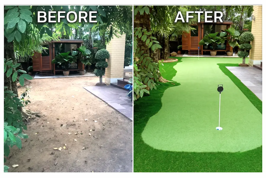 ผลงานติดตั้งหญ้าเทียม Putting Green ในสวนบ้านพัก กรุงเทพฯ รุ่น GT-G1018 + GT-L1035 พื้นที่ 18 ตร.ม.